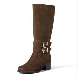 The Drop ‘Sage’ Tall Biker Boot with Buckles, Brown Microsuede NEW w/ tag